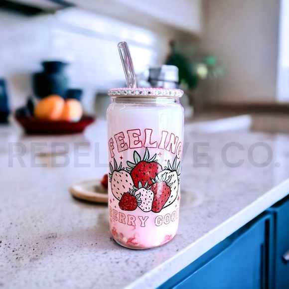 Other - Feeling Berry Good Strawberry Snow Globe Glass with Rhinestone Lid and Straw